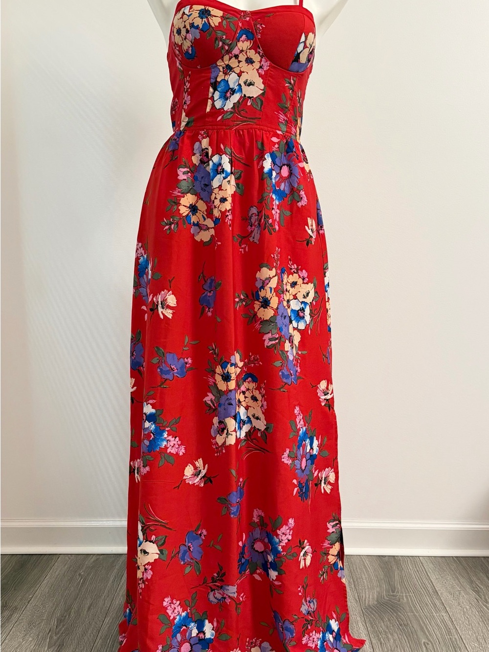 Red Floral Maxi Dress w/Bust Detailing